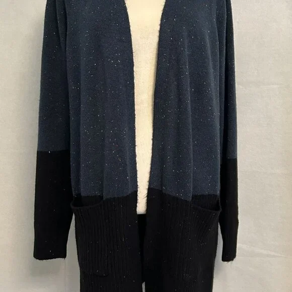 Love Ellie Long Open Cardigan Blue Black Confetti Two Pockets NWOT Size Large - Picture 3 of 11